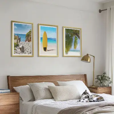 3er-Set Bilder mit Rahmen Motiv Urlaubsstrände mit Wellen und Palmen