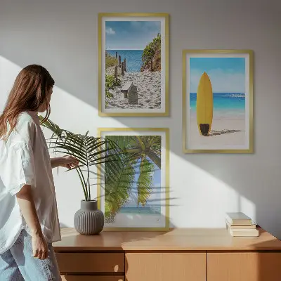 3er-Set Bilder mit Rahmen Motiv Urlaubsstrände mit Wellen und Palmen