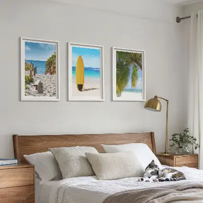 3er-Set Bilder mit Rahmen Motiv Urlaubsstrände mit Wellen und Palmen