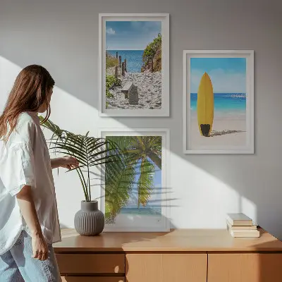 3er-Set Bilder mit Rahmen Motiv Urlaubsstrände mit Wellen und Palmen
