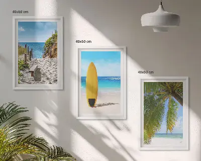 3er-Set Bilder mit Rahmen Motiv Urlaubsstrände mit Wellen und Palmen
