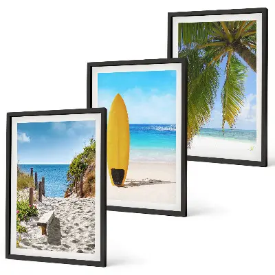3er-Set Bilder mit Rahmen Motiv Urlaubsstrände mit Wellen und Palmen