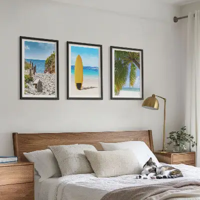 3er-Set Bilder mit Rahmen Motiv Urlaubsstrände mit Wellen und Palmen
