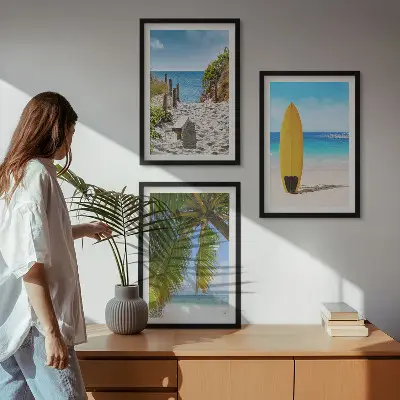 3er-Set Bilder mit Rahmen Motiv Urlaubsstrände mit Wellen und Palmen