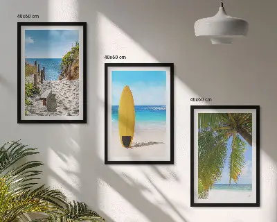 3er-Set Bilder mit Rahmen Motiv Urlaubsstrände mit Wellen und Palmen