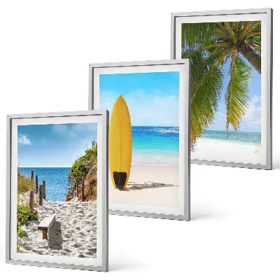3er-Set Bilder mit Rahmen Motiv Urlaubsstrände mit Wellen und Palmen