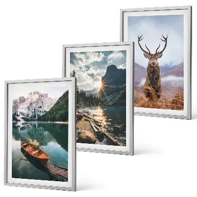3er-Set Bilder mit Rahmen Bergsee mit Bootsfahrt, Sonnenuntergang und Hirschen