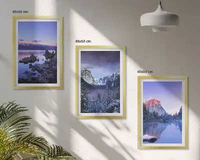 3er-Set Bilder mit Rahmen Berglandschaften bei Sonnenuntergang am Wasser