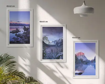 3er-Set Bilder mit Rahmen Berglandschaften bei Sonnenuntergang am Wasser