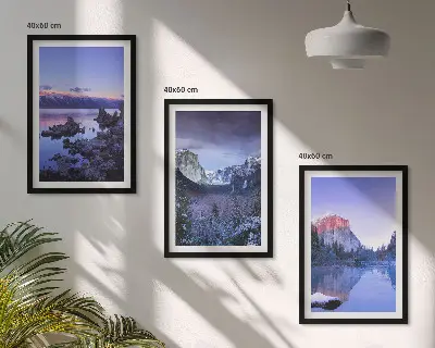 3er-Set Bilder mit Rahmen Berglandschaften bei Sonnenuntergang am Wasser