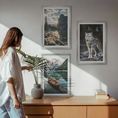 3er-Set Wandbilder mit Rahmen Naturmotive mit Bergen, Seen und Wölfen