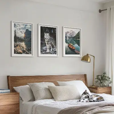 3er-Set Wandbilder mit Rahmen Naturmotive mit Bergen, Seen und Wölfen