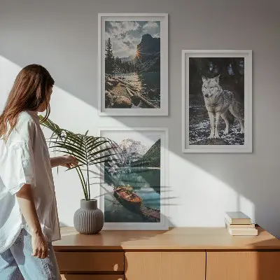 3er-Set Wandbilder mit Rahmen Naturmotive mit Bergen, Seen und Wölfen