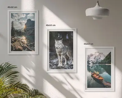 3er-Set Wandbilder mit Rahmen Naturmotive mit Bergen, Seen und Wölfen