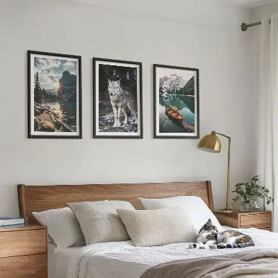 3er-Set Wandbilder mit Rahmen Naturmotive mit Bergen, Seen und Wölfen
