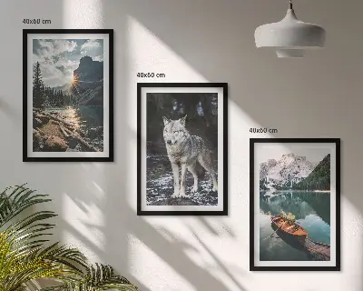 3er-Set Wandbilder mit Rahmen Naturmotive mit Bergen, Seen und Wölfen