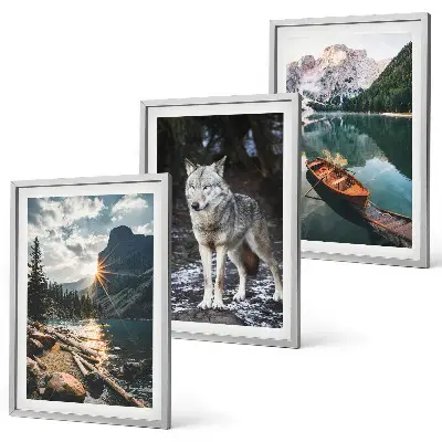 3er-Set Wandbilder mit Rahmen Naturmotive mit Bergen, Seen und Wölfen
