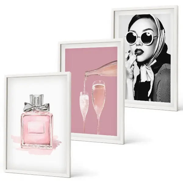 3er-Set Bilder mit Rahmen in stilvollem Pink