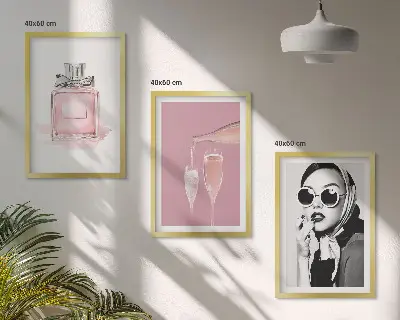3er-Set Bilder mit Rahmen in stilvollem Pink