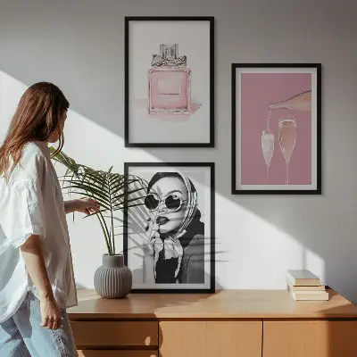 3er-Set Bilder mit Rahmen in stilvollem Pink