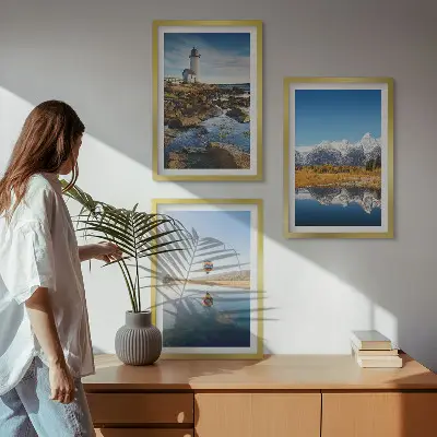 Gerahmtes Bilderset mit Naturansichten von Leuchtturm, Bergen und Ballonfahrt