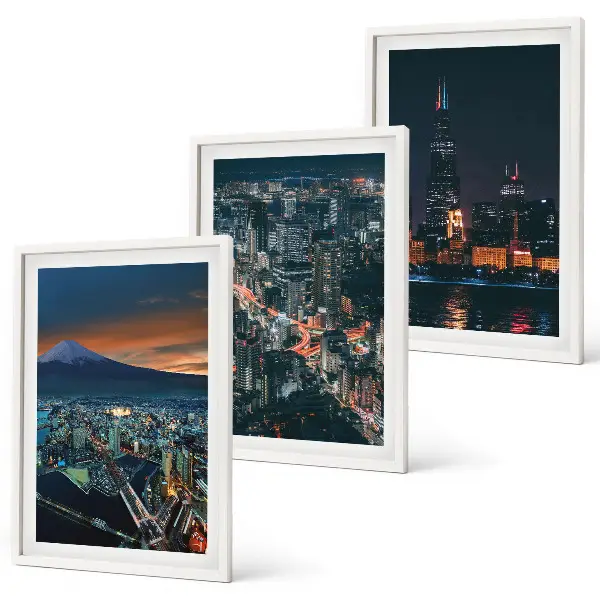 Gerahmtes Set aus Wandbildern Stadtpanorama bei Nacht