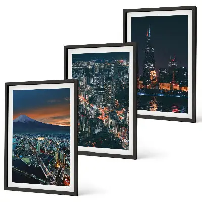 Gerahmtes Set aus Wandbildern Stadtpanorama bei Nacht
