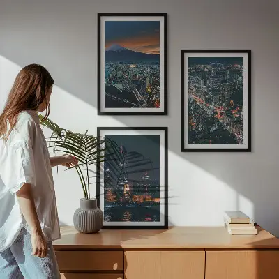 Gerahmtes Set aus Wandbildern Stadtpanorama bei Nacht