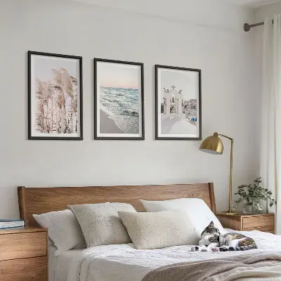 Gerahmtes Bilderset mit Motiven von Pflanzen, Meereswellen, Aussicht und Häusern