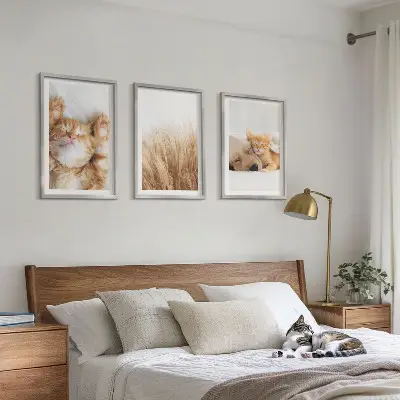 Gerahmtes Bilderset mit niedlichen Tieren wie Katzen und Hunden im Boho-Stil