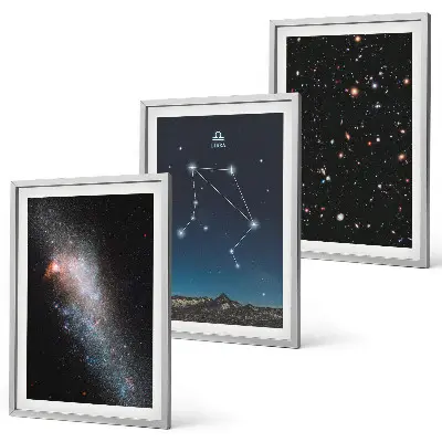 Gerahmtes Bilderset mit Motiven von Weltraum, Galaxie, Waage und Himmel