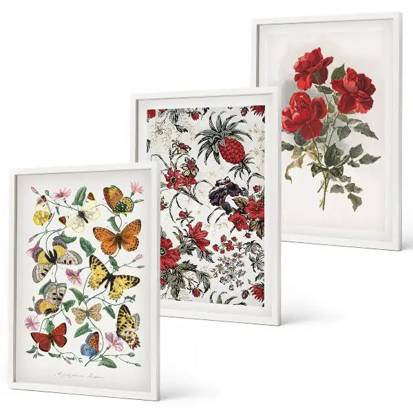 Gerahmtes Bilderset mit Schmetterlingen, Blumen und roten Rosen