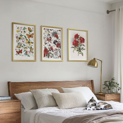 Gerahmtes bilderset Schmetterlinge, Blumen, rote Rosen