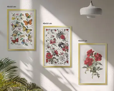 Gerahmtes Bilderset mit Schmetterlingen, Blumen und roten Rosen