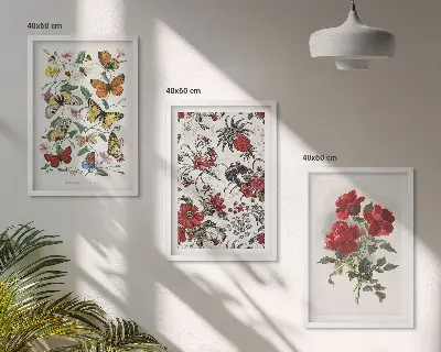 Gerahmtes Bilderset mit Schmetterlingen, Blumen und roten Rosen