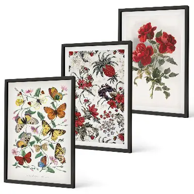 Gerahmtes Bilderset mit Schmetterlingen, Blumen und roten Rosen