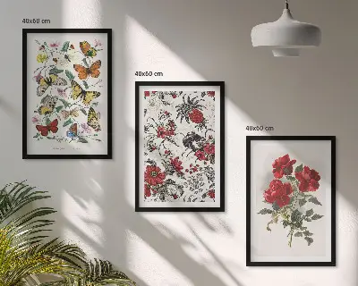 Gerahmtes Bilderset mit Schmetterlingen, Blumen und roten Rosen