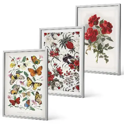 Gerahmtes Bilderset mit Schmetterlingen, Blumen und roten Rosen