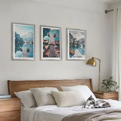 3er-Set Bilder mit Rahmen mit Motiven von Seebrücken Booten und Frieden