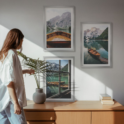 Bilder-3er-set mit rahmen Fenster für Boote auf dem Bergsee