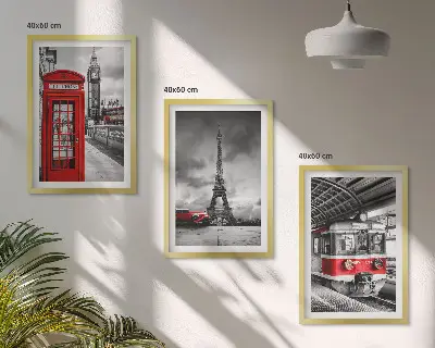 Gerahmtes Bilderset mit Motiven von Ikonen aus London und Paris sowie Verkehr