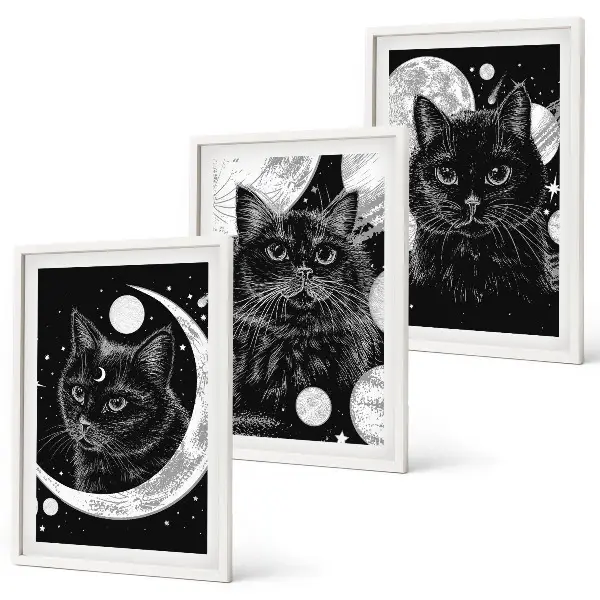 3er-Set Bilder mit Rahmen mit Motiv schwarze Katzen Mond und Weltraum