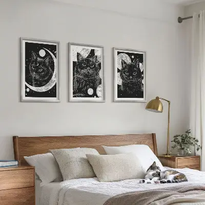 3er-Set Bilder mit Rahmen mit Motiv schwarze Katzen Mond und Weltraum