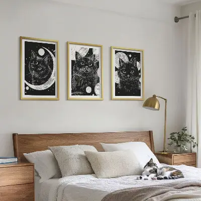 3er-Set Bilder mit Rahmen mit Motiv schwarze Katzen Mond und Weltraum