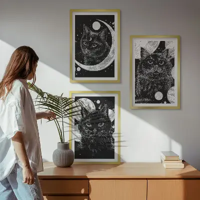 3er-Set Bilder mit Rahmen mit Motiv schwarze Katzen Mond und Weltraum