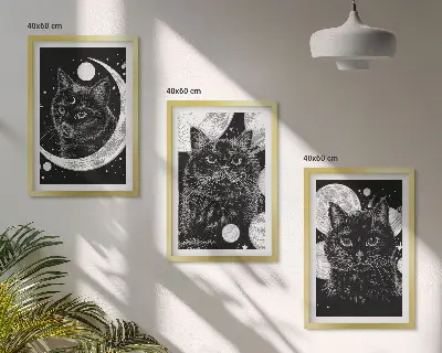 3er-Set Bilder mit Rahmen mit Motiv schwarze Katzen Mond und Weltraum