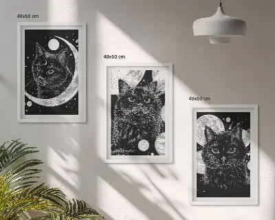 3er-Set Bilder mit Rahmen mit Motiv schwarze Katzen Mond und Weltraum