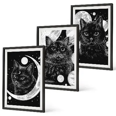 3er-Set Bilder mit Rahmen mit Motiv schwarze Katzen Mond und Weltraum