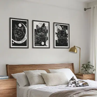 3er-Set Bilder mit Rahmen mit Motiv schwarze Katzen Mond und Weltraum