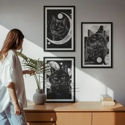 3er-Set Bilder mit Rahmen mit Motiv schwarze Katzen Mond und Weltraum